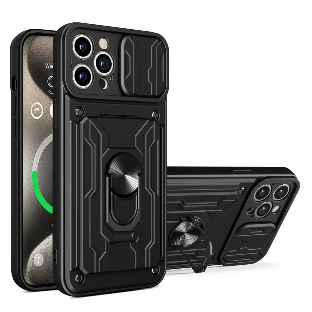 IPhone Case with Camera Cover, Card Slot & 360 Magnetic kickstand