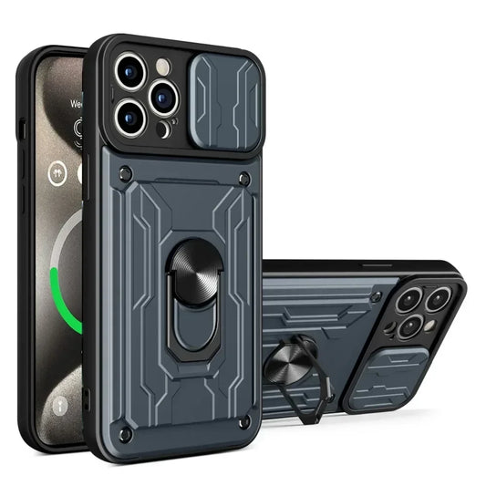 IPhone Case with Camera Cover, Card Slot & 360 Magnetic kickstand