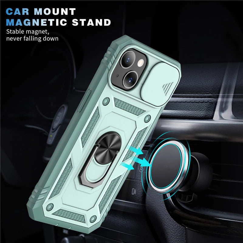 Iphone case camera cover, kickstand & magnetic ring holder