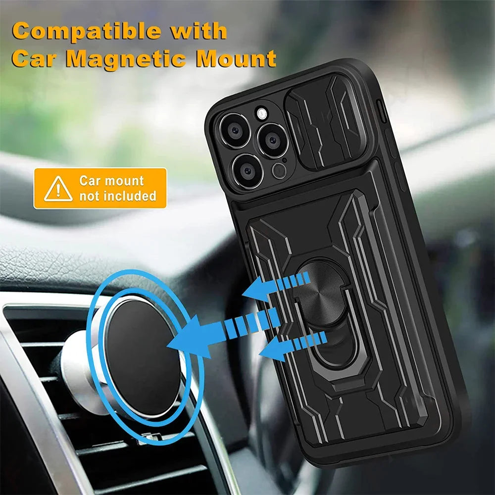 IPhone Case with Camera Cover, Card Slot & 360 Magnetic kickstand