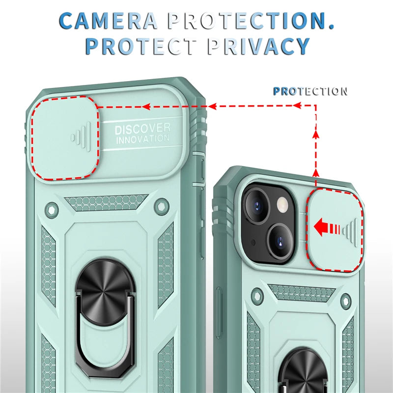 Iphone case camera cover, kickstand & magnetic ring holder