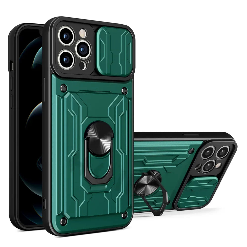 IPhone Case with Camera Cover, Card Slot & 360 Magnetic kickstand