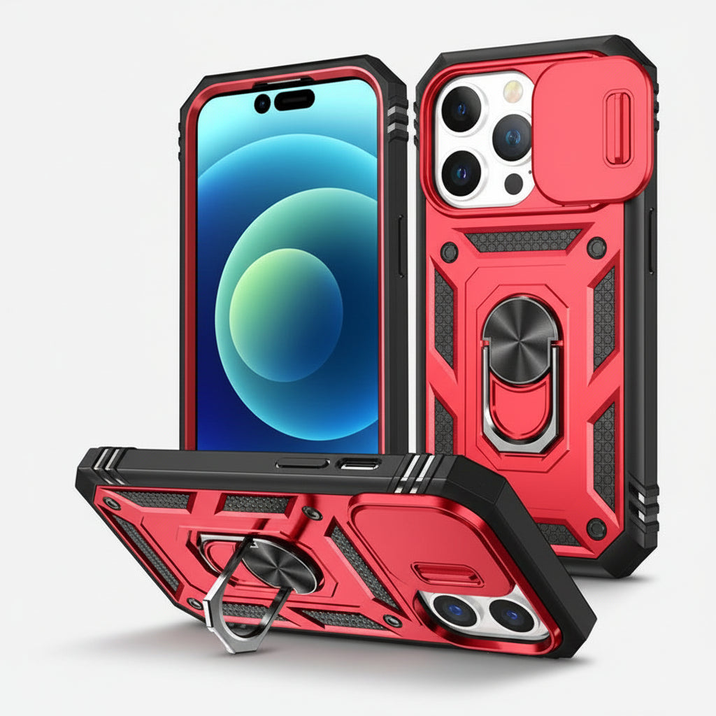 Iphone case camera cover, kickstand & magnetic ring holder