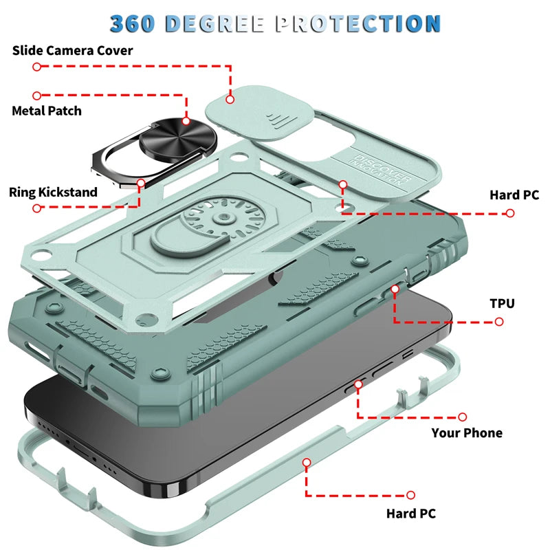 Iphone case camera cover, kickstand & magnetic ring holder