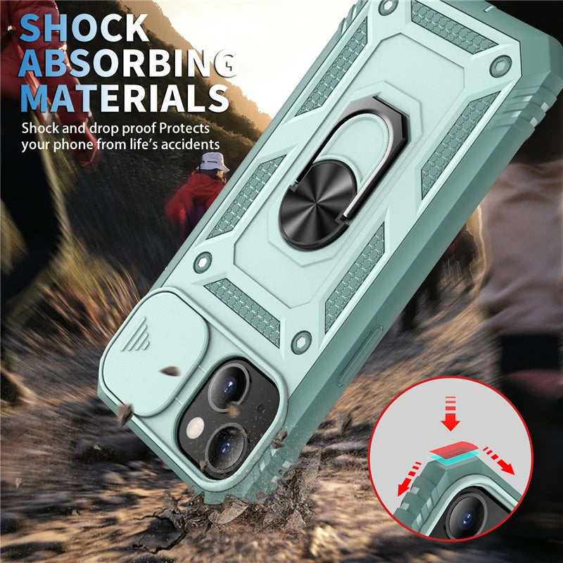 Iphone case camera cover, kickstand & magnetic ring holder