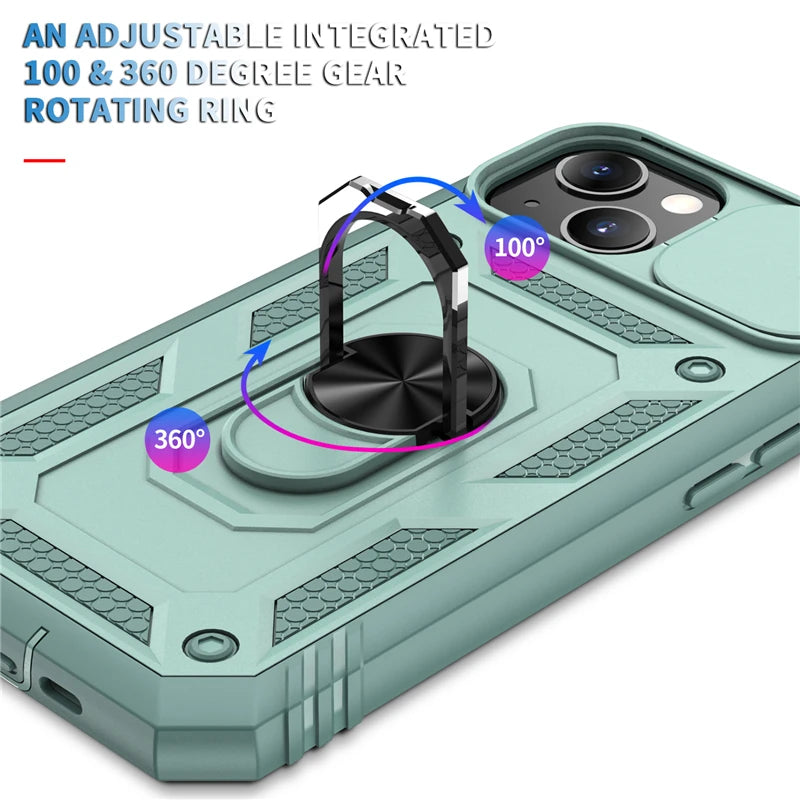 Iphone case camera cover, kickstand & magnetic ring holder