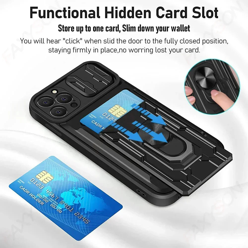 IPhone Case with Camera Cover, Card Slot & 360 Magnetic kickstand