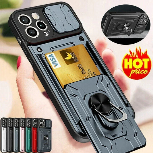 IPhone Case with Camera Cover, Card Slot & 360 Magnetic kickstand