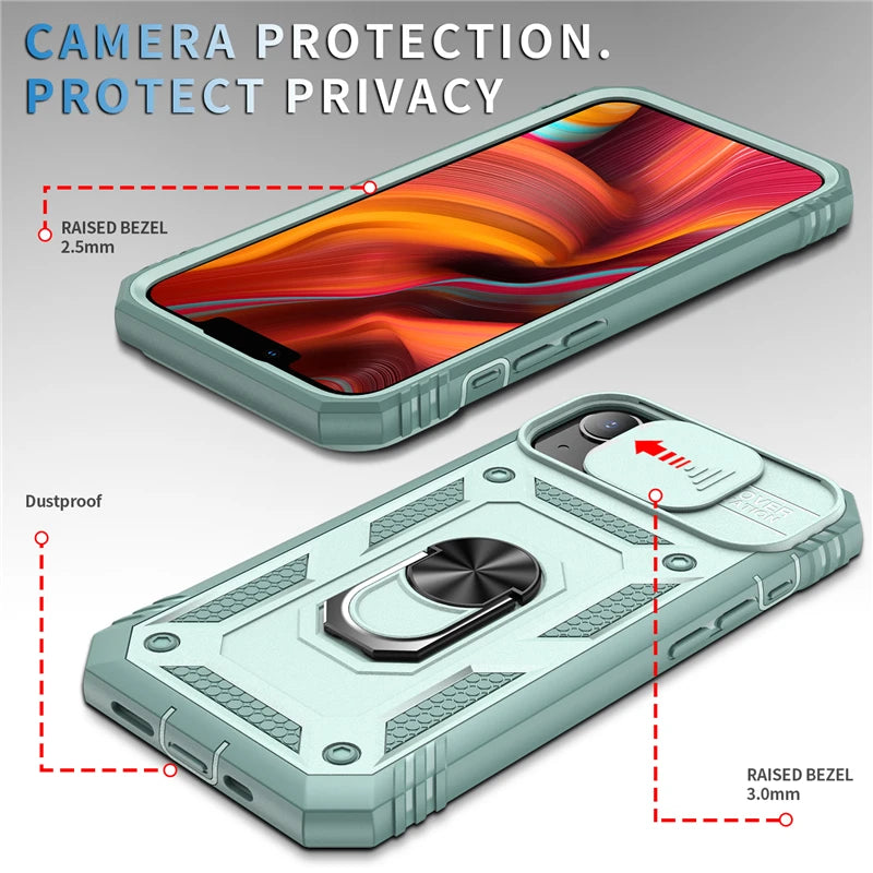 Iphone case camera cover, kickstand & magnetic ring holder