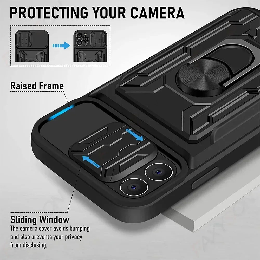 IPhone Case with Camera Cover, Card Slot & 360 Magnetic kickstand