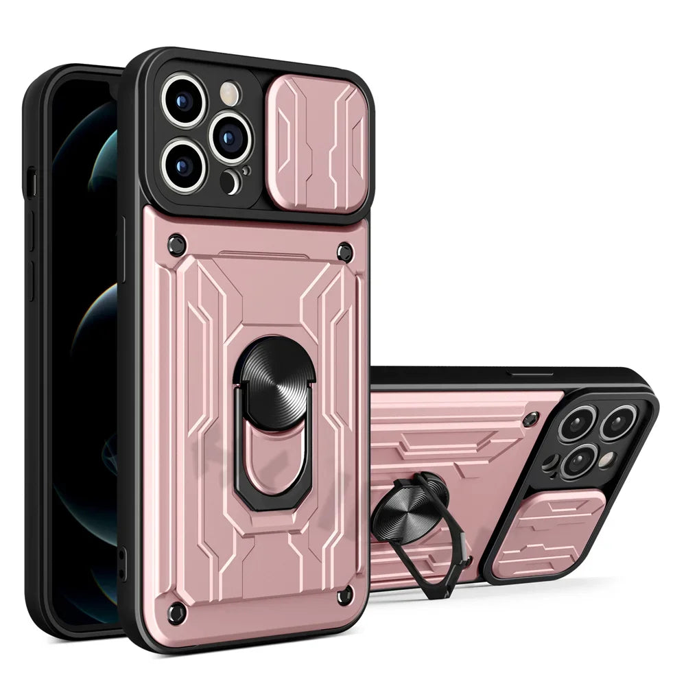 IPhone Case with Camera Cover, Card Slot & 360 Magnetic kickstand