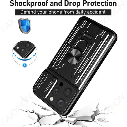 IPhone Case with Camera Cover, Card Slot & 360 Magnetic kickstand