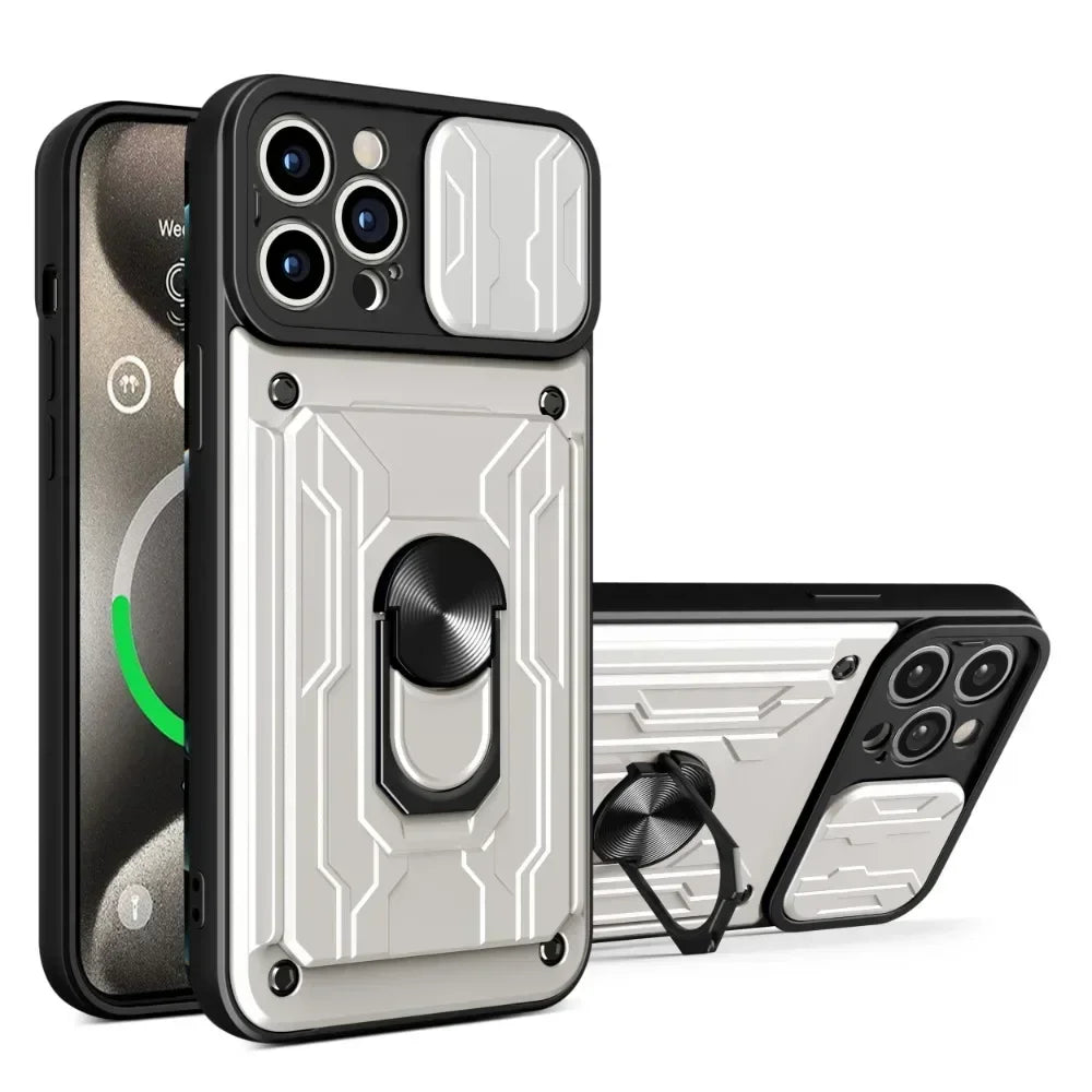IPhone Case with Camera Cover, Card Slot & 360 Magnetic kickstand